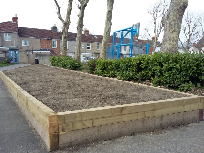 New raised flower beds bordered with timber